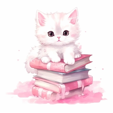 kawaii white cat sitting on a pile of pink book, super cute, so adorable that is breaks your heart, full body, watercolor clipart, isolated on white background, cute-core
