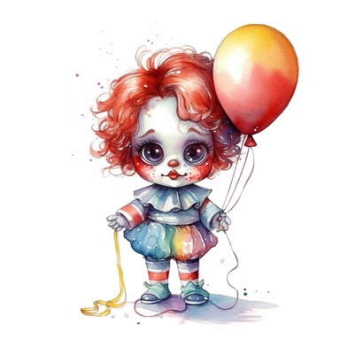 Chibi super cute clown holding balloon on a string clip art, no watermark, no signature, no text, white background, watercolour, hyperrealism, no text, high detail, individual elements
