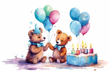 beautiful watercolor pastel 2 birthday baby bears eating birthday cake with balloons clipart, hd, pixar style, isolated on white background, spaced out