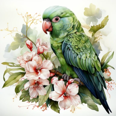 hyperrealistic ultra detailed watercolor clipart, green parrot with jungle flowers, white background, in the style of digital print, clipart, illustration, sticker, ultra high definition, rich details, 32K, HD