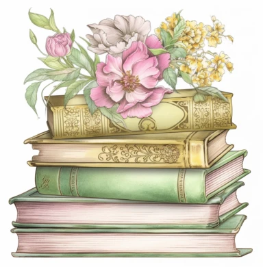 stacked books digital art, watercolor hand drawn clip art, coloured pencil, clip art, clipart, watercolor, clipart,, in the style of intricate, delicate flower and garden paintings, classical motifs and themes, light magenta and light green, embossed gold leaf, ferrania p30, adventure themed, english major
