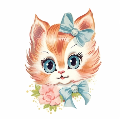 vintage Hand painted clipart of a pastel kitten with long eyelashes and rosy cheeks, playful and animated, in the style of vintage nursery kitsch Lefton, retro midcentury 1950’s, white background, contour