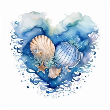 Ocean Heart Watercolor Sublimation Clipart, Clipart, white background, no watermark, no text, no word,