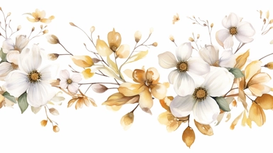 Watercolor clipart of delicate golden dogwood flowers, branches and leaves, on white background