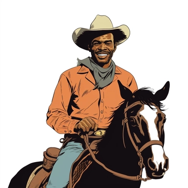 clipart, 1950s handome black man that is a cowboy on horse looking at camera smiling, inspired by the”Lone Ranger” 1950s comic book, white background - <@1058791188687241226> (0%) (fast)