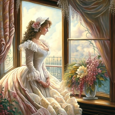 beautiful lady, very detailed, wearing beautiful dress, standing by large victorian window, looking out the window, beautiful romantic bouquet of flowers, beautiful crystal ornate vase, sitting on table with decorative tablecloth, infront of large victorian window with beautiful flowing curtaings, soft colors, crisp colors, ribbon, very detailed, fantasy, romantic, clipart style
