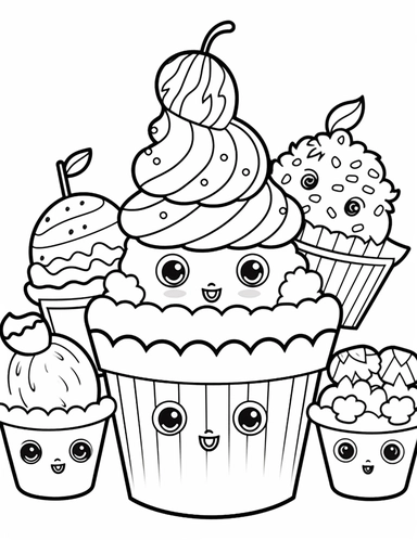 Kawaii Ice Cream with delightful designs and flavors, like blueberry, chocolate chip, and banana For Simple Coloring page,line art, thick lines, black and white,clipart, illustration, on white background,margin Page 10px