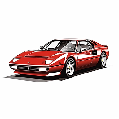 in clipart style, vector image, A meticulously crafted illustration of a red 1975 Ferrari 308 GTB , highlighting its iconic design and graceful contours, placed against pure white background (style: evoking the accuracy and refinement of classic automobile blueprints) (lighting: (colors: an elegant palette for the car's body set against a pristine, white backdrop) (composition: captured from a side view or three-quarter angle using a 35mm lense ensuring enough space is between the car and pictur