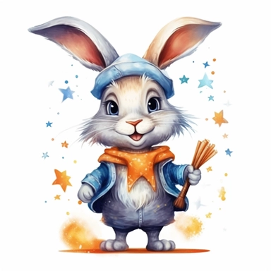 vector cute Rabbit character wearing wizard custom and wizard element with happy face ,front facing on isolated background,colorful color,with happy face and expression,Animal Sublimation Clipart,no splash watercolor,white background, ultra detailed clipart, cut out image, colorful watercolor realistic, cartoon style, ultra HD, sharp and clean art