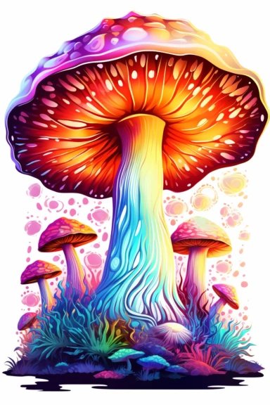 Fluorescence mushroom in psychedelic colors clipart, with white background
