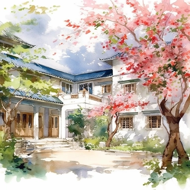 Watercolor, An China villa courtyard in bloom, clipart on white background.