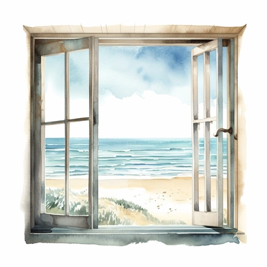 Ella bailey watercolour illustration style window frame with beach view, high definition, 8k, insanely detailed, fine detail, sharp focus, illustration, white background, isolated clipart vector