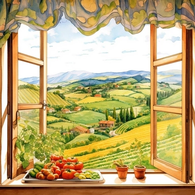 watercolor, hyper realistic, white background, white margins, 16k, ultra detailed clipart, cut out image, hand-drawn a kitchen window with curtains, showcasing a scenic view of rolling hills and fields. in the style of colorful ink wash paintings, charming character illustrations, piles/stacks, creative commons attribution, digital painting, barroco