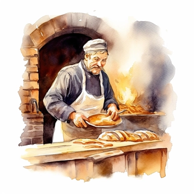 Clip art style, watercolour, baker taking bread out of oven