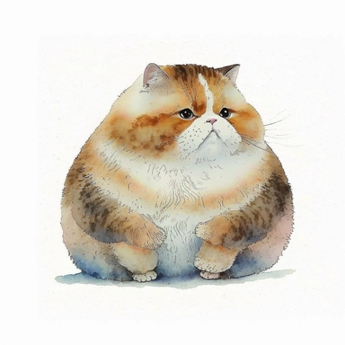 Kawai cute fat cat with big eyes furry sitting on the floor cute Watercolor Clipart
