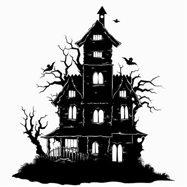 halloween haunted house clipart, black color, white background, minimalistic drawing