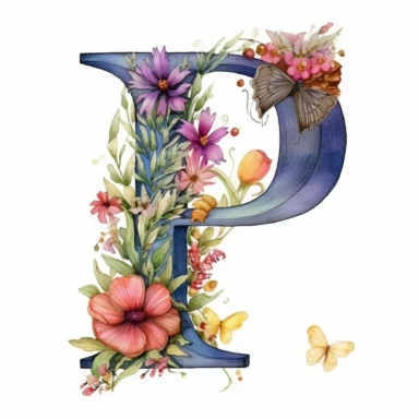 letter P, decorated with wildflower, subtle butterlies, fine details, soft pastel watercolors, clipart