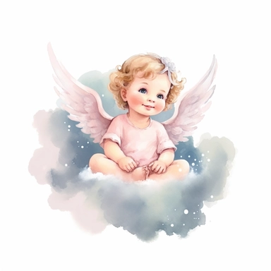 delightful watercolor image, full body cute newborn baby angel girl on white background, she is sitting on a cloud in pink dress and smiling gently. She has sparkling blue eyes twinkled with wonder and brown curls on her head, professional watercolor clipart, high resolution