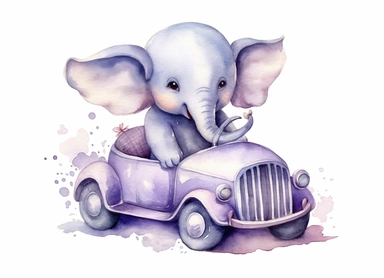 watercolor cute little baby elephant in a retro toy car, in the style of light silver and light purple, victorian-inspired illustrations, nature-inspired pieces, 5 sets of clipart of different playful compositions, plush doll art, high resolution, isolated on a white background