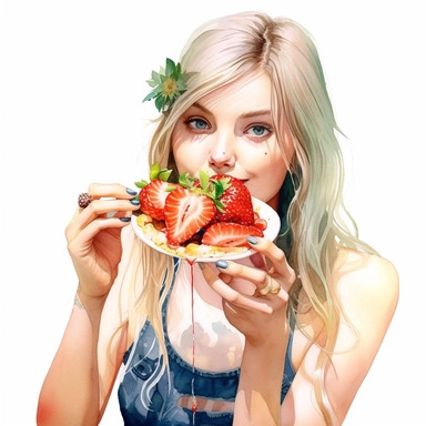 Commercial shot of ultra - realistic watercolor painting of a floral portrait of cute country cottagecore e girl eating delicious strawberry clipart, aesthetic, good looking food, delicious, yummy, foodie, healthy, white background no text, isolated on white, watercolor illustration, award winning, strong and sharp lines