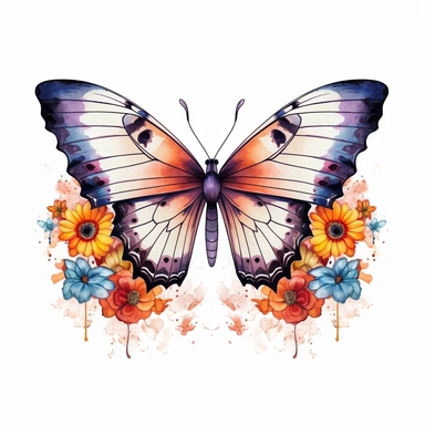 Beautiful colorful butterfly on flowers, summer vibes, hand drawing digital art, clean design, clean art, sublimation, colorful, watercolor style, white background, 4K, extremely detailed, clipart