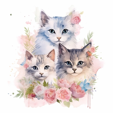 Watercolor Floral Cats Clipart Bundle, Watercolor Clipart, Digital Download, Kittens Animals, Cottagecore Kitty Cute Animals Illustrations