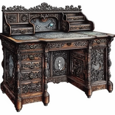 clipart, highly detailed Black, Antique wooden desk with intricate carving, watercolor, transparent background, white background