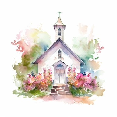 watercolor painting of wedding chapel clipart on plain white background, painted in the style of chiho aoshima