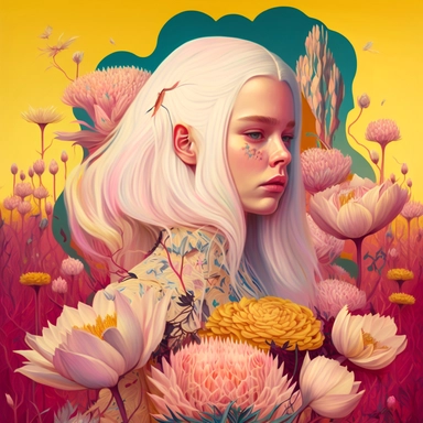 dreamlike hyper realistic illustration of a white haired girl in a field of pink and yellow flowers. The girl is dressed in playful and imaginative Egyptian Pharaoh. Bold and colorful patterns featuring Celestial Filigree, Geode Crystalline, Asymmetrical Splice, Bio - Luminescent Bloom, Origamic Tessellation, and other hieroglyph - inspired designs. sad vibe, broken heart, clipart on white background, graphic novel style, flat colors, pink and yellow colors, soft, vibe, simple lines, gorgeous li