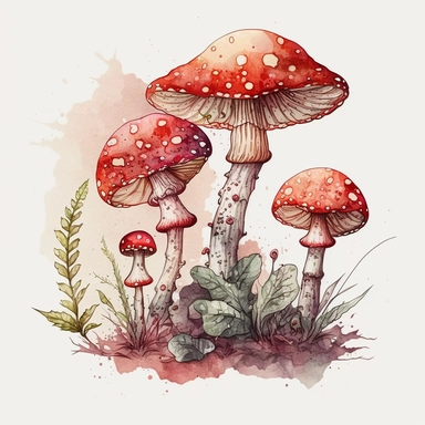 Watercolour Magic Mystical Mushrooms clipart red. One larger mushroom and 2-3 smaller ones growing as a group from the ground. no other mushrooms. a little bit of green plants and leaves around without inclusions or dots or circles