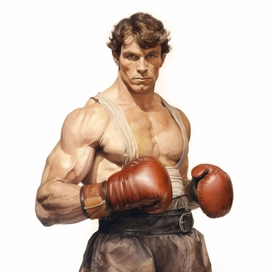 A beautifully illustrated victorian pulp fiction male fighter in varying hues ,wearing boxing gloves and muscular, muscles, octane render, hyperrealistic, stunningly handsome, refined and sophisticated, Hand drawn, roberto ferri ,realistic watercolor, Clipart, watercolor, white background, intricate detail