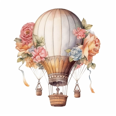 hand drawn , watercolor, hyper realistic, white background, white margins, 16k, ultra detailed clipart, cut out image, hand-drawn, ultra HD, sharp and clean art a vintage hot airballoon with delicate floral , capturing the romantic and feminine aesthetics often associated with vintage fashion and travel. light pink pastel