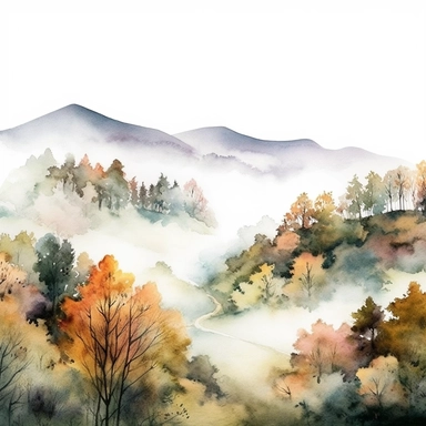 a misty autumn morning in a fog-filled valley with trees peeking through, clipart, watercolor, white background