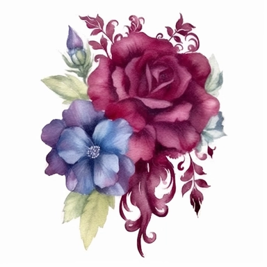 Design a dreamy watercolor clipart of a Bouquet of deep purple, burgundy, and blue flowers arranged in a moody and dramatic display composition, hand-painted with soft and graceful brushstrokes. Draw inspiration from the artistic finesse of Ethereal Petals Watercolors for a refined and ethereal depiction. isolated on a white background, hand-drawn illustration, hand-painted watercolor texture, 16k UHD resolution, intricately detailed, sharp focal points, designed by Ana Victoria Calderon and Hol