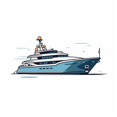 Simple Vector Clipart of an expensive yacht out in the ocean, with a small satellite on the back of it, on a white background, simplistic, vector, clean