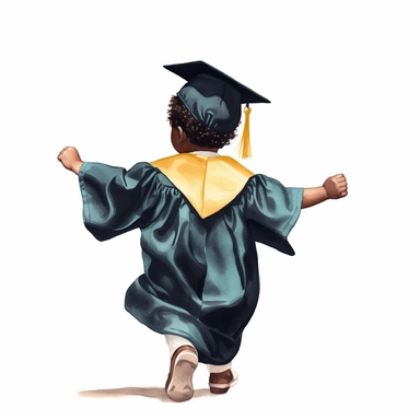 a black toddler graduate, with a yellow graduation cap and gown, afro, 3k graduation, backview, jumping, hands up, faceless, bold watercolor clipart