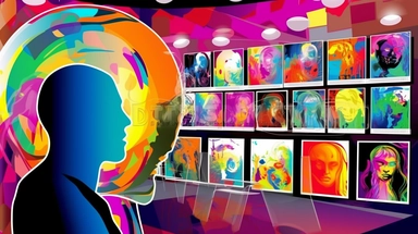 sellers of digital clip art, high tech online market place art gallery, heads up display style, very modern, colorful bright colors,