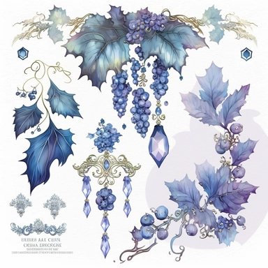 blue rococo grape jewels icicles watercolor clipart