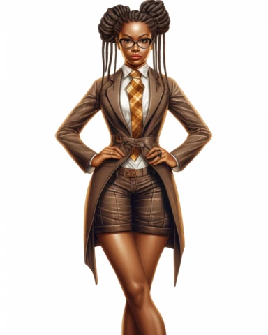 Extremely realistic digital illustration clipart, vector art of ultra beautiful African American woman entrepreneur with beautiful goddess braids, dressed in brown leather business knee length dress suit and bow tie in the year 2023, standing in the center of an office on a white background