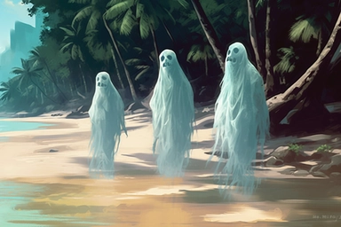 realistic clipart ghosts on the tropical beach, digital painting