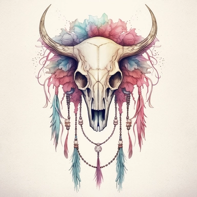 a clipart image of a boho bull skull with feathers hanging from it by strings in the style of watercolor and ink, pastel colours