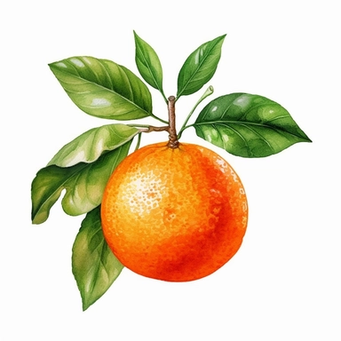This highly detailed watercolor clipart showcases a captivating orange fruit with lush green leaves in the background, presented against a clean white backdrop. The artwork exudes an elegant and serene vibe with its neutral color palette, capturing the essence of nature's beauty. The orange is meticulously rendered, showcasing its textured peel and vibrant hue, while the surrounding leaves add a touch of botanical charm. The watercolor technique brings depth and realism to the clipart, making it