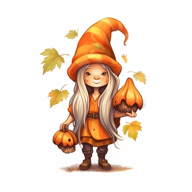 A delightful, hand-drawn clipart image of a friendly female gnome with no beard, dressed in a charming, orange ensemble, sporting a tall, orange pointy hat, and standing with a welcoming smile, acorns and fall leaves, holding a pumpkin pie, presented on a