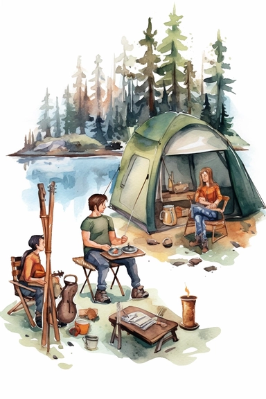 create a hand drawn watercolor clipart depicting families enjoying camping together, engaging in activities like hiking, fishing, or playing games, 4k,