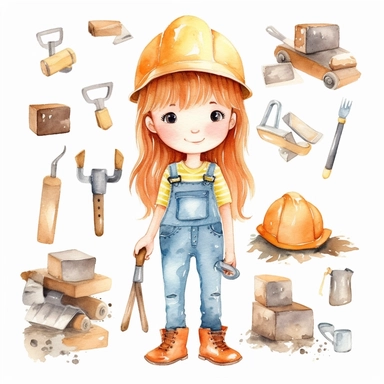 Watercolor collection clipart girl construction worker cute childish neutral colors on white background