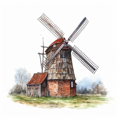 side rear view realistic watercolor drawing of a vintage windmill in Germany, on a white background where the background will be removed to repurpose as a clipart.