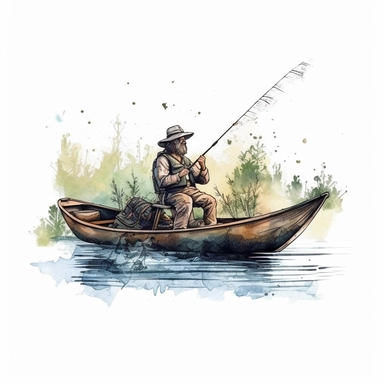 fisherman, in boat,in lake,fishing bass fish,clipart,white background