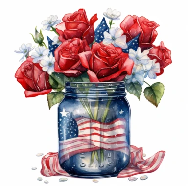a realistic Watercolor Patriotic Roses in a glass jar Clipart