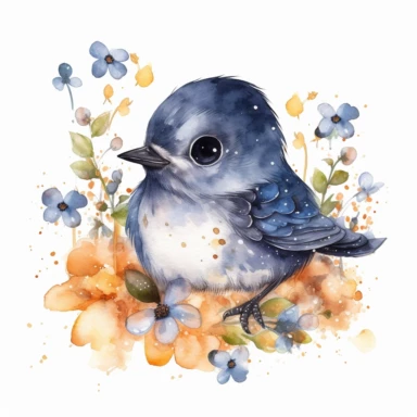 watercolor funny create kawaii marbled black ,silver, blue, chibi robin with forgetmenot flowers with babysbreath clipart, isolated on white background,space out--ar3:2--s1000