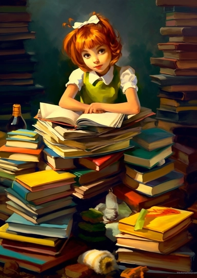 girl playing reading on table free download clipart, in the style of piles/stacks, dark emerald and yellow, colorful cartoon, arthur sarnoff, артур скижали-вейс, masculine, rinpa school